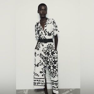 Floral Black and White Print Linen Blend Zara Shirt Dress With Pockets XL